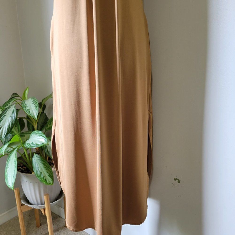 NWT HUSKARY TAN SLIT SIDE MAXI SHIRT DRESS V NECK S/M - Picture 7 of 16